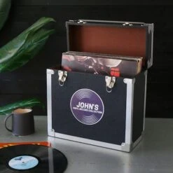 Personalised 12 Inch Record Storage Box - Black Leather Effect With Metal Trim - Record Sticker -PERSONALISE STORE personalised 12 inch record storage box black record sticker 03