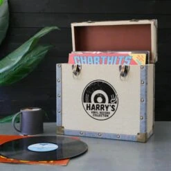 Personalised 12 Inch Record Storage Box - Cream Cloth With Grey Leather Trim - Half Record Sticker