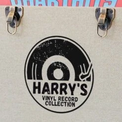 Personalised 12 Inch Record Storage Box - Cream Cloth With Grey Leather Trim - Half Record Sticker -PERSONALISE STORE personalised 12 inch record storage box cream half record sticker 02