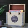 Personalised 12 Inch Record Storage Box - Cream Cloth With Grey Leather Trim - Record Sticker