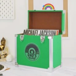 Personalised 12 Inch Record Storage Box - Green Leather Effect With Metal Trim - Half Record Sticker
