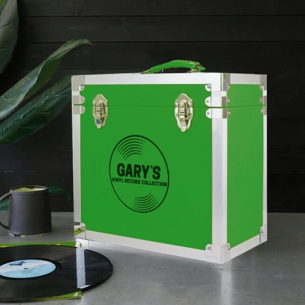 Personalised 12 Inch Record Storage Box - Green Leather Effect With Metal Trim - Record Laser Etched 1 Personalised 12 Inch Record Storage Box - Green Leather Effect With Metal Trim - Record Laser Etched