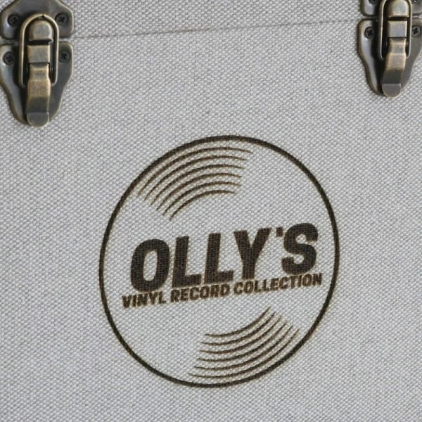 Personalised 12 Inch Record Storage Box - Tan Cloth With Black Leather Trim - Record Laser Etched 5 Personalised 12 Inch Record Storage Box - Tan Cloth With Black Leather Trim - Record Laser Etched - Image 5