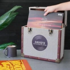 Personalised 12 Inch Record Storage Box - Grey Cloth With Brown Leather Trim - Record Sticker 10 Personalised 12 Inch Record Storage Box - Grey Cloth With Brown Leather Trim - Record Sticker -PERSONALISE STORE personalised 12 inch record storage box grey record sticker 01