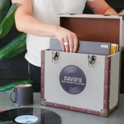 Personalised 12 Inch Record Storage Box - Grey Cloth With Brown Leather Trim - Record Sticker 9 Personalised 12 Inch Record Storage Box - Grey Cloth With Brown Leather Trim - Record Sticker -PERSONALISE STORE personalised 12 inch record storage box grey record sticker 02