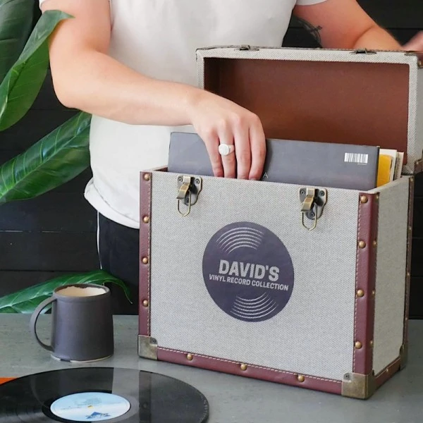 Personalised 12 Inch Record Storage Box - Grey Cloth With Brown Leather Trim - Record Sticker 3 Personalised 12 Inch Record Storage Box - Grey Cloth With Brown Leather Trim - Record Sticker - Image 3