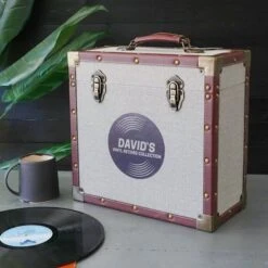 Personalised 12 Inch Record Storage Box - Grey Cloth With Brown Leather Trim - Record Sticker 11 Personalised 12 Inch Record Storage Box - Grey Cloth With Brown Leather Trim - Record Sticker -PERSONALISE STORE personalised 12 inch record storage box grey record sticker 03