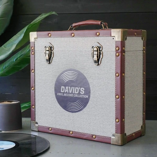 Personalised 12 Inch Record Storage Box - Grey Cloth With Brown Leather Trim - Record Sticker 2 Personalised 12 Inch Record Storage Box - Grey Cloth With Brown Leather Trim - Record Sticker - Image 2