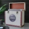 Personalised 12 Inch Record Storage Box - Grey Cloth With Brown Leather Trim - Record Sticker