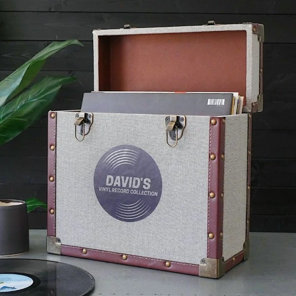 Personalised 12 Inch Record Storage Box - Grey Cloth With Brown Leather Trim - Record Sticker 1 Personalised 12 Inch Record Storage Box - Grey Cloth With Brown Leather Trim - Record Sticker