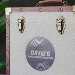 Personalised 12 Inch Record Storage Box - Grey Cloth With Brown Leather Trim - Record Sticker 12 Personalised 12 Inch Record Storage Box - Grey Cloth With Brown Leather Trim - Record Sticker -PERSONALISE STORE personalised 12 inch record storage box grey record sticker 06