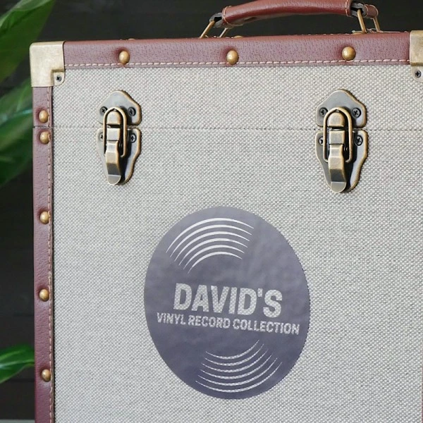 Personalised 12 Inch Record Storage Box - Grey Cloth With Brown Leather Trim - Record Sticker 6 Personalised 12 Inch Record Storage Box - Grey Cloth With Brown Leather Trim - Record Sticker - Image 6