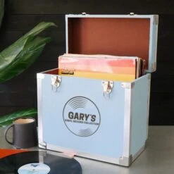 Personalised 12 Inch Record Storage Box - Light Blue Leather Effect With Metal Trim - Record Laser Etched