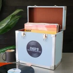 Personalised 12 Inch Record Storage Box - Light Blue Leather Effect With Metal Trim - Record Sticker