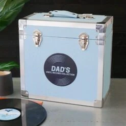 Personalised 12 Inch Record Storage Box - Light Blue Leather Effect With Metal Trim - Record Sticker -PERSONALISE STORE personalised 12 inch record storage box lblue record sticker 03