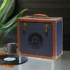 Personalised 12 Inch Record Storage Box - Navy Cloth With Brown Leather Trim - Half Record Sticker