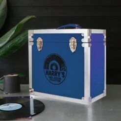 Personalised 12 Inch Record Storage Box - Navy Blue Leather Effect With Metal Trim - Half Record Sticker