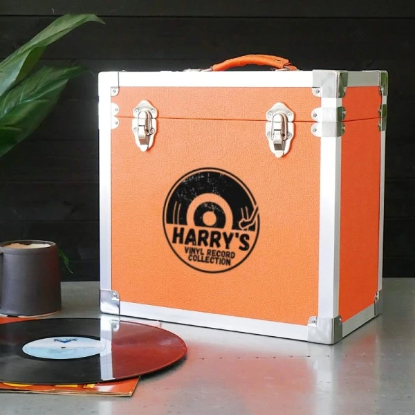 Personalised 12 Inch Record Storage Box - Orange Leather Effect With Metal Trim - Half Record Sticker 2 Personalised 12 Inch Record Storage Box - Orange Leather Effect With Metal Trim - Half Record Sticker - Image 2