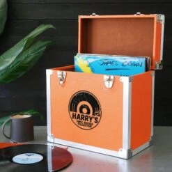 Personalised 12 Inch Record Storage Box - Orange Leather Effect With Metal Trim - Half Record Sticker