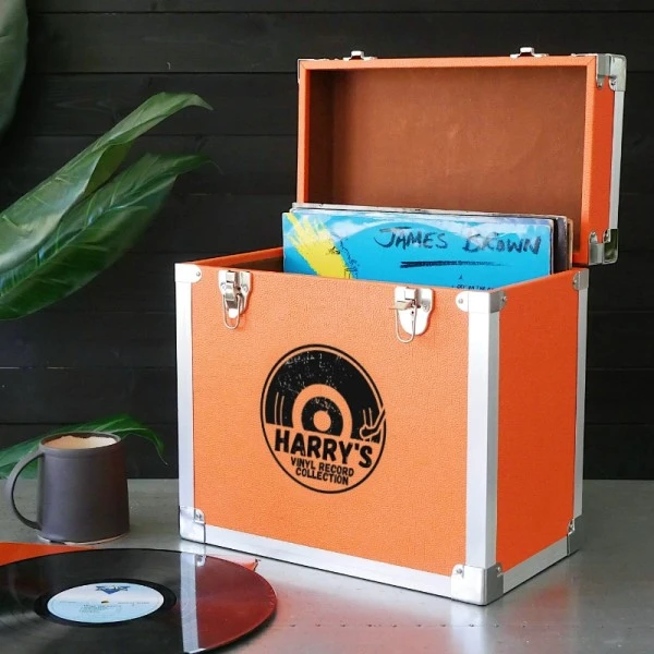 Personalised 12 Inch Record Storage Box - Orange Leather Effect With Metal Trim - Half Record Sticker 1 Personalised 12 Inch Record Storage Box - Orange Leather Effect With Metal Trim - Half Record Sticker