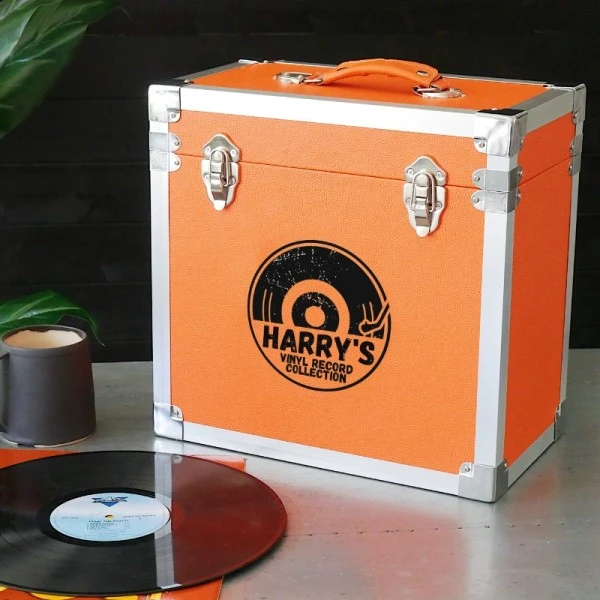Personalised 12 Inch Record Storage Box - Orange Leather Effect With Metal Trim - Half Record Sticker 3 Personalised 12 Inch Record Storage Box - Orange Leather Effect With Metal Trim - Half Record Sticker - Image 3