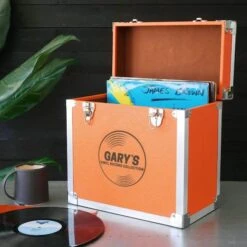 Personalised 12 Inch Record Storage Box - Orange Leather Effect With Metal Trim - Record Laser Etched