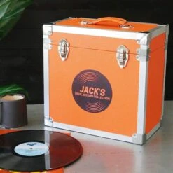 Personalised 12 Inch Record Storage Box - Orange Leather Effect With Metal Trim - Record Sticker -PERSONALISE STORE personalised 12 inch record storage box orange record sticker 02