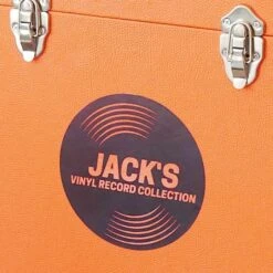 Personalised 12 Inch Record Storage Box - Orange Leather Effect With Metal Trim - Record Sticker -PERSONALISE STORE personalised 12 inch record storage box orange record sticker 04
