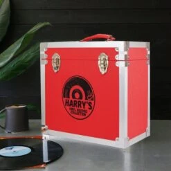 Personalised 12 Inch Record Storage Box - Red Leather Effect With Metal Trim - Half Record Sticker