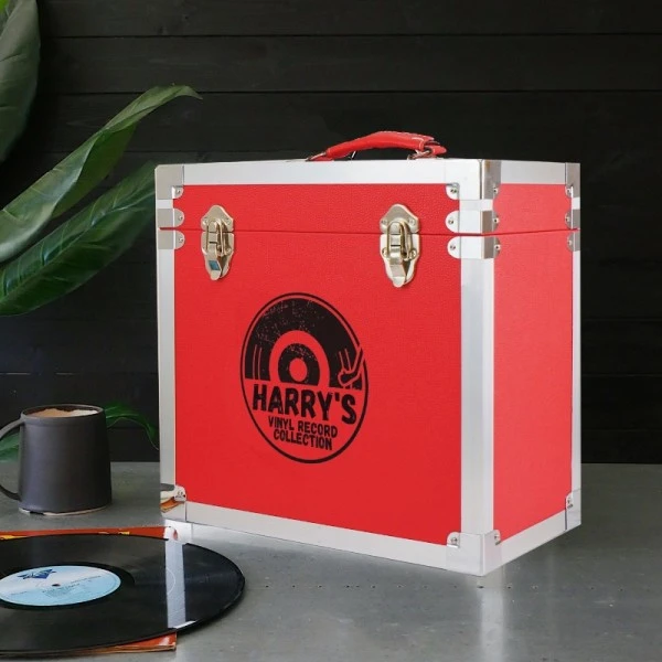 Personalised 12 Inch Record Storage Box - Red Leather Effect With Metal Trim - Half Record Sticker 1 Personalised 12 Inch Record Storage Box - Red Leather Effect With Metal Trim - Half Record Sticker