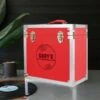 Personalised 12 Inch Record Storage Box - Red Leather Effect With Metal Trim - Record Laser Etched