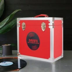 Personalised 12 Inch Record Storage Box - Red Leather Effect With Metal Trim - Record Sticker