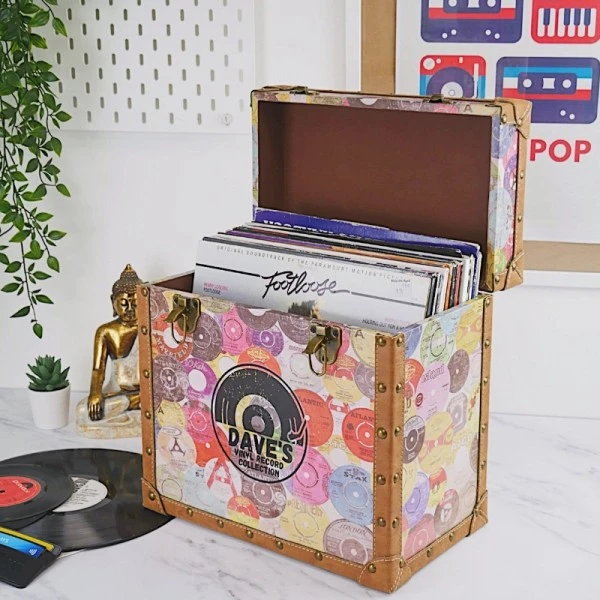 Personalised 12 Inch Record Storage Box - Retro Printed Cloth With Brown Leather Trim - Half Record Sticker 2 Personalised 12 Inch Record Storage Box - Retro Printed Cloth With Brown Leather Trim - Half Record Sticker - Image 2