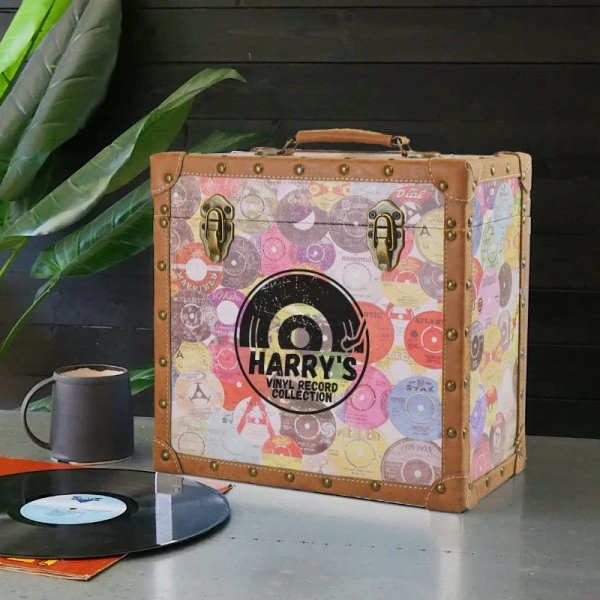 Personalised 12 Inch Record Storage Box - Retro Printed Cloth With Brown Leather Trim - Half Record Sticker 1 Personalised 12 Inch Record Storage Box - Retro Printed Cloth With Brown Leather Trim - Half Record Sticker