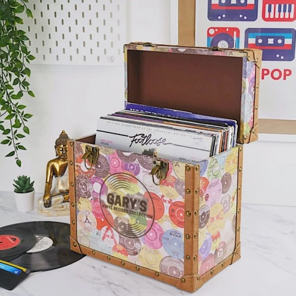 Personalised 12 Inch Record Storage Box - Retro Printed Cloth With Brown Leather Trim - Record Laser Etched 2 Personalised 12 Inch Record Storage Box - Retro Printed Cloth With Brown Leather Trim - Record Laser Etched - Image 2