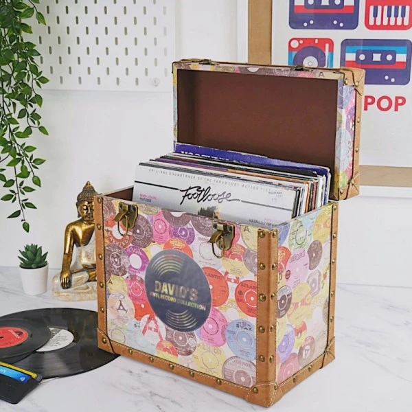 Personalised 12 Inch Record Storage Box - Retro Printed Cloth With Brown Leather Trim - Record Sticker 1 Personalised 12 Inch Record Storage Box - Retro Printed Cloth With Brown Leather Trim - Record Sticker