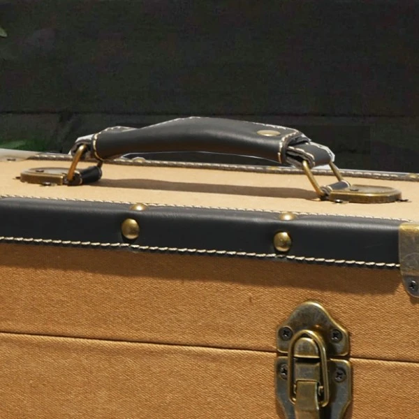 Personalised 12 Inch Record Storage Box - Tan Cloth With Black Leather Trim - Record Laser Etched 3 Personalised 12 Inch Record Storage Box - Tan Cloth With Black Leather Trim - Record Laser Etched - Image 3