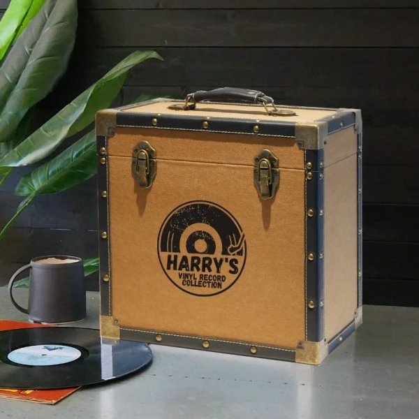 Personalised 12 Inch Record Storage Box - Tan Cloth With Black Leather Trim - Half Record Sticker 1 Personalised 12 Inch Record Storage Box - Tan Cloth With Black Leather Trim - Half Record Sticker