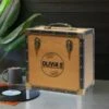 Personalised 12 Inch Record Storage Box - Tan Cloth With Black Leather Trim - Record Laser Etched