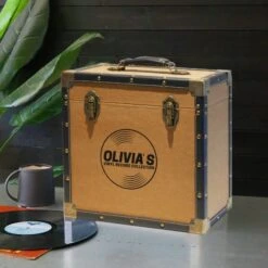 Personalised 12 Inch Record Storage Box - Tan Cloth With Black Leather Trim - Record Laser Etched