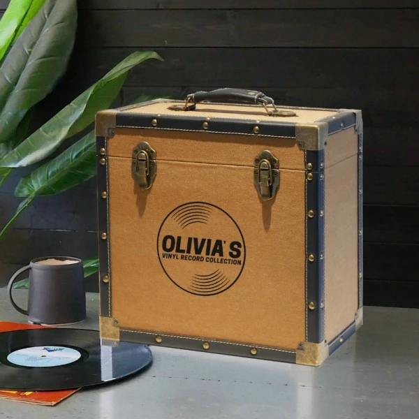 Personalised 12 Inch Record Storage Box - Tan Cloth With Black Leather Trim - Record Laser Etched 1 Personalised 12 Inch Record Storage Box - Tan Cloth With Black Leather Trim - Record Laser Etched