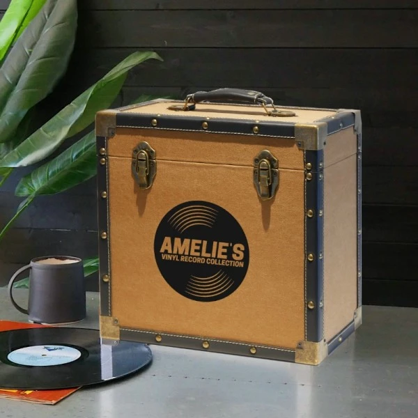 Personalised 12 Inch Record Storage Box - Tan Cloth With Black Leather Trim - Record Sticker 1 Personalised 12 Inch Record Storage Box - Tan Cloth With Black Leather Trim - Record Sticker