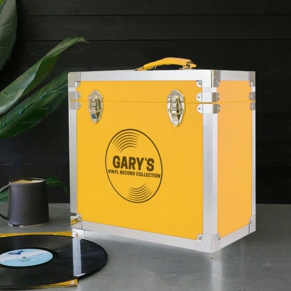 Personalised 12 Inch Record Storage Box - Yellow Leather Effect With Metal Trim - Record Laser Etched 2 Personalised 12 Inch Record Storage Box - Yellow Leather Effect With Metal Trim - Record Laser Etched - Image 2
