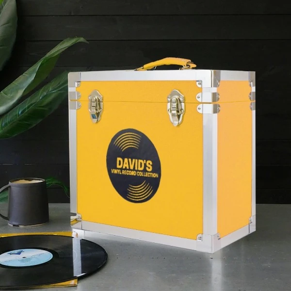 Personalised 12 Inch Record Storage Box - Yellow Leather Effect With Metal Trim - Record Sticker 2 Personalised 12 Inch Record Storage Box - Yellow Leather Effect With Metal Trim - Record Sticker - Image 2