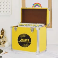 Personalised 12 Inch Record Storage Box - Yellow Leather Effect With Metal Trim - Record Sticker