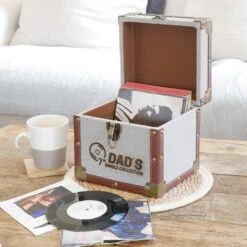 Personalised 7 Inch Record Storage Box - Grey Cloth With Brown Leather Trim - Record Laser Etched