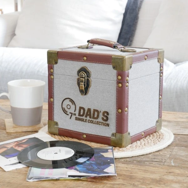 Personalised 7 Inch Record Storage Box - Grey Cloth With Brown Leather Trim - Record Laser Etched 2 Personalised 7 Inch Record Storage Box - Grey Cloth With Brown Leather Trim - Record Laser Etched - Image 2