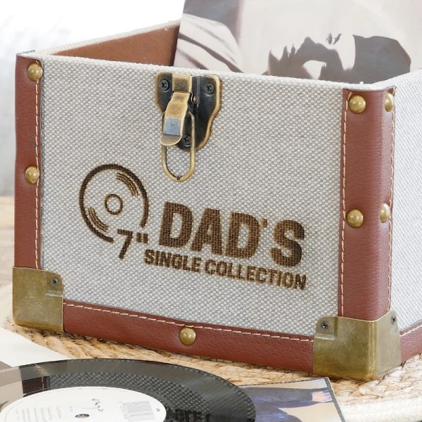 Personalised 7 Inch Record Storage Box - Grey Cloth With Brown Leather Trim - Record Laser Etched 3 Personalised 7 Inch Record Storage Box - Grey Cloth With Brown Leather Trim - Record Laser Etched - Image 3