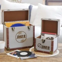 Personalised 7 Inch Record Storage Box - Grey Cloth With Brown Leather Trim - Record Laser Etched 9 Personalised 7 Inch Record Storage Box - Grey Cloth With Brown Leather Trim - Record Laser Etched -PERSONALISE STORE personalised 7 inch record storage box grey record laser engraved 05