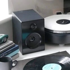 Personalised Camden Bluetooth Turntable With Bookshelf Speakers - Black - Record Sticker -PERSONALISE STORE personalised camden bluetooth turntable with bookshelf speakers black record sticker 04